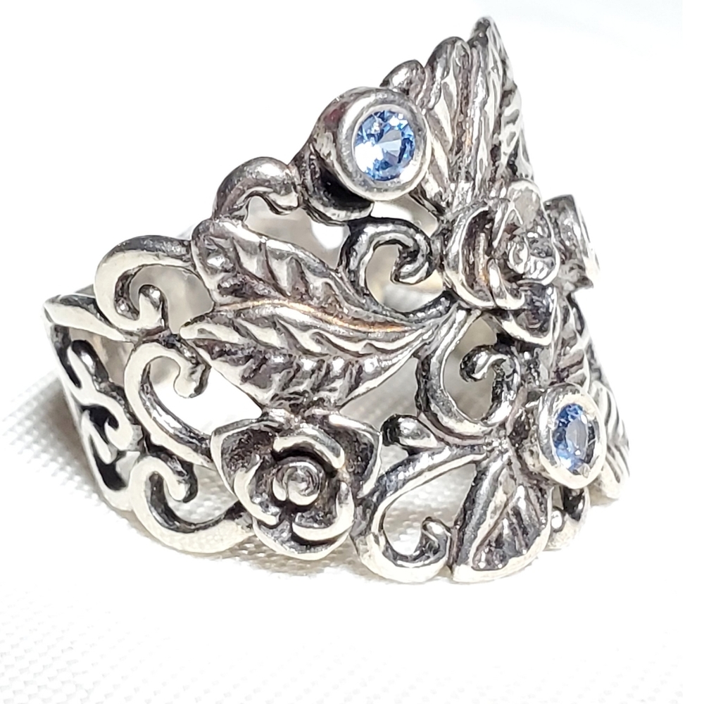 Vtg DIDAE Floral Blue Topaz Sz 7.75 Shablool Israel 925 Sterling Silver - Picture 2 of 10